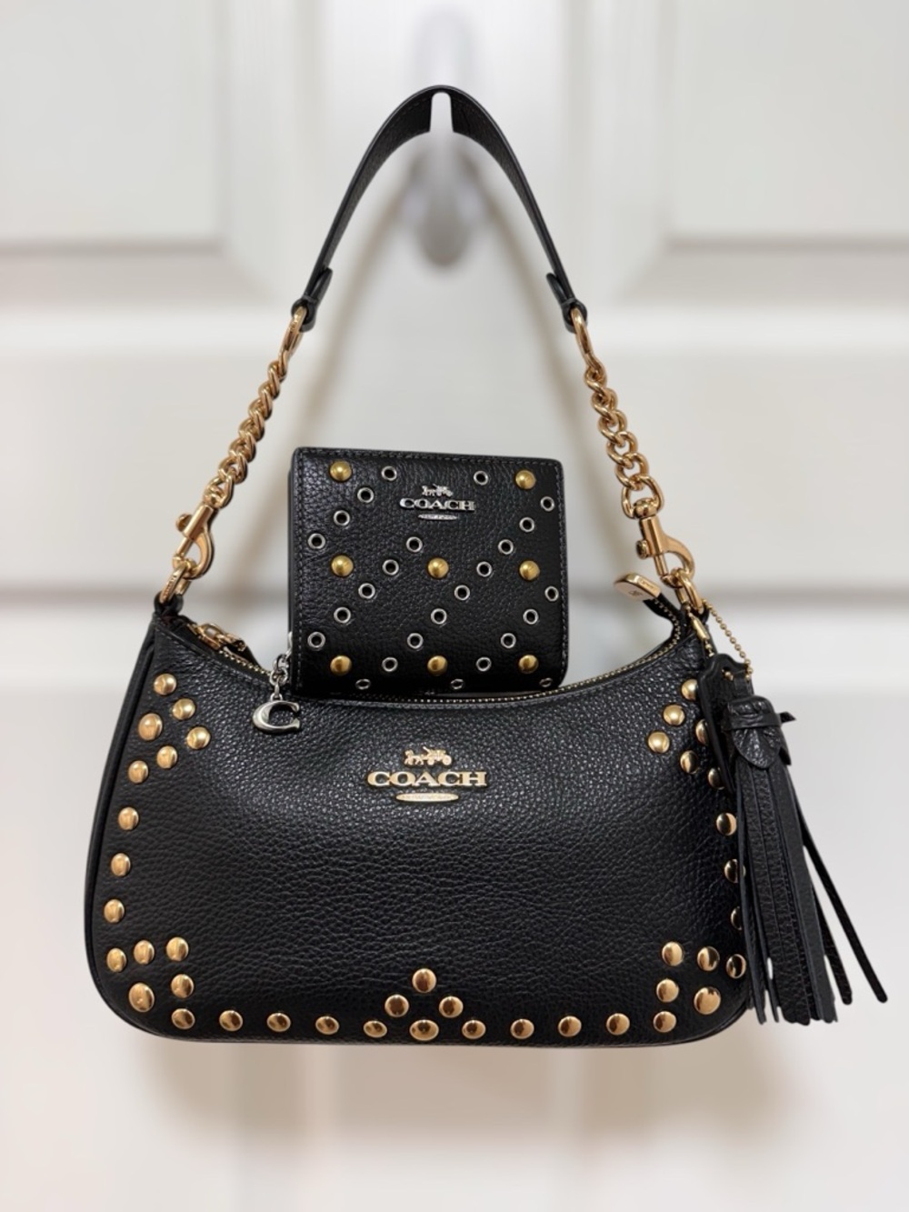 Coach Teri Shoulder Bag + Wallet Black Pebbled Leather Studded Rivets Set